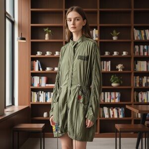 Trench jacket coat windbreaker parachute ruched embroidered large peace environ…